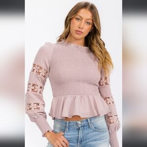 NWT WOMEN'S LONG SLEEVE SMOCK DETAILED PEPLUM BLOUSE TOP